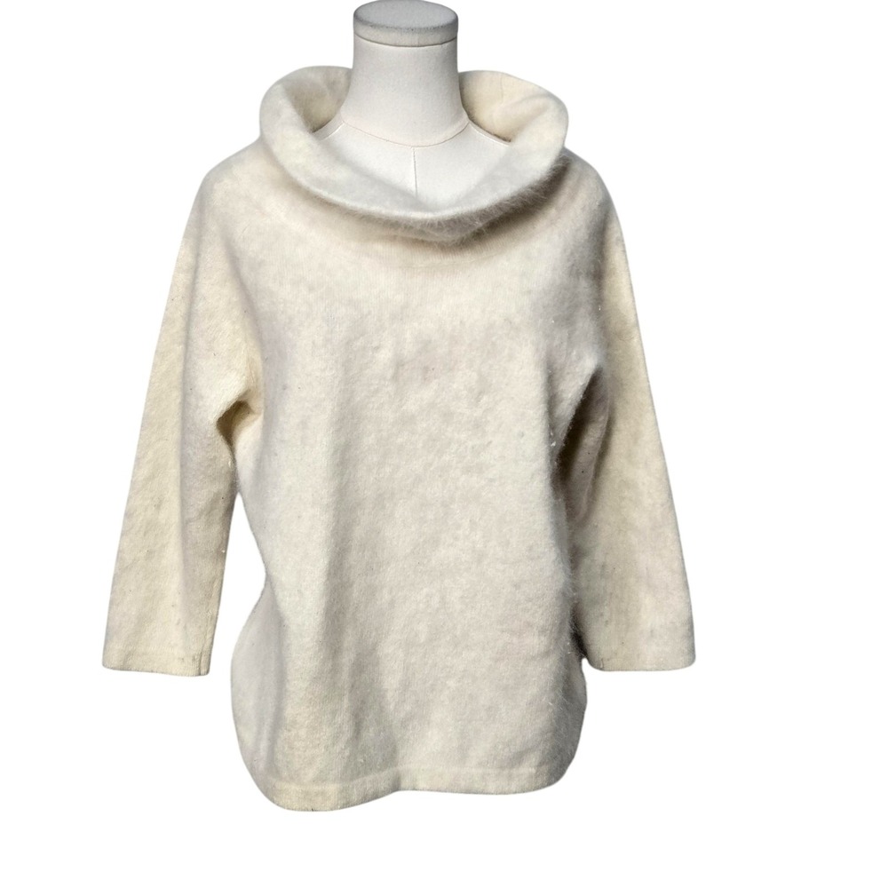 Hillard & Hanson Sweater Womens XL White Angora Soft‎ Cowl Neck 3/4 Sleeve Knit